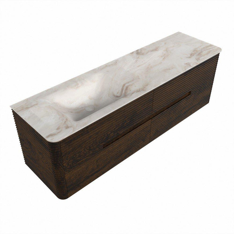 Mondiaz CIRO-DLUX Ensemble de meuble de salle de bains - 160x45x50cm - Plan vasque solid surface Frappe - 1 vasque à gauche - sans trous de robinet - 4 tiroirs - Noyer SW1530208
