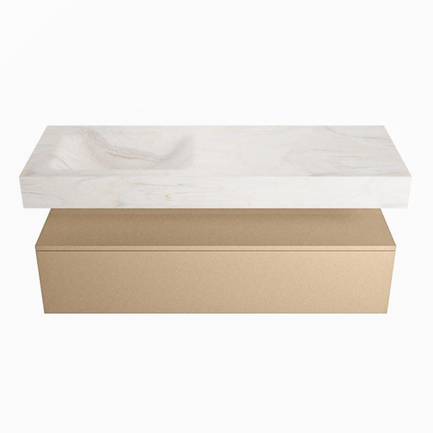 Mondiaz ALAN-DLUX Ensemble de meuble - 130cm - meuble Oro mat - 1 tiroir - Lavabo Cloud Ostra suspendu - vasque Gauche - 0 trous de robinet SW807659