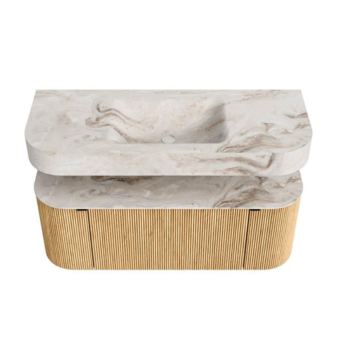 MONDIAZ THOR-DLUX Meuble de salle de bains - 120cm - arrondi gauche + droite - couleur Oak - 1 tiroir - 2 portes - Vasque suspendue CLOUD Milieu 1 trou de robinet couleur Frappe SW1463038