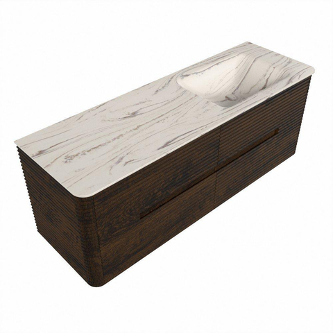 Mondiaz CIRO-DLUX Badkamermeubelset - 140x45x50cm - Solid surface wastafel Nata - 1 wasbak Rechts - zonder kraangaten - 4 lades - Walnut SW1530562