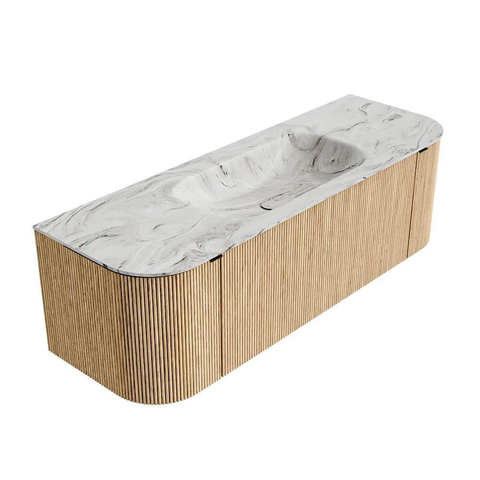 MONDIAZ KURVE-DLUX Meuble de salle de bains 140 cm avec module 25 Len R couleur Chêne avec 1 tiroir et 2 portes. Lavabo BIG SMALL central sans trou de robinetterie couleur Glace. SW1137937