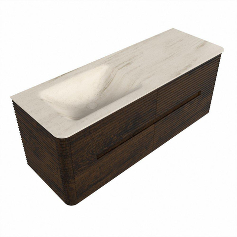 Mondiaz CIRO-DLUX Ensemble de meubles de salle de bains - 130x45x50cm - Plan vasque solid surface Meli - 1 bassin à gauche - 1 trou de robinet - 4 tiroirs - Noyer SW1530481