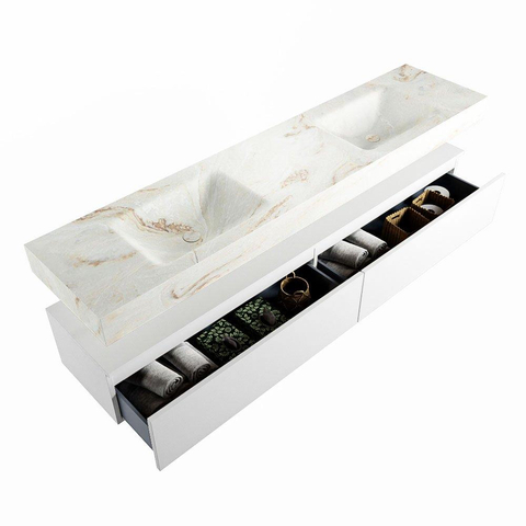 Mondiaz ALAN-DLUX Ensemble de meuble - 200cm - meuble Talc mat - 2 tiroirs - Lavabo Cloud Frappe suspendu - vasque Gauche et droite - 0 trous de robinet SW805324