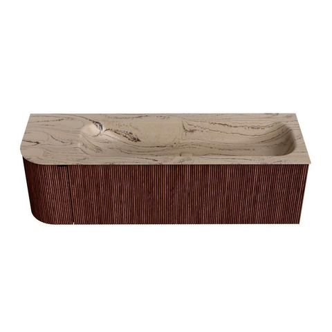 MONDIAZ KURVE-DLUX 145cm meuble de salle de bains arrondi gauche couleur Ruby avec 1 tiroir et 1 porte. Lavabo BIG LARGE droite 2 trous de robinet Arena. SW1431528