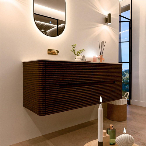 Mondiaz CIRO-DLUX Ensemble de meubles de salle de bains - 130x45x50cm - Plan-vasque solid surface Nata - 1 bassin à gauche - sans trous de robinet - 4 tiroirs - Noyer SW1530556