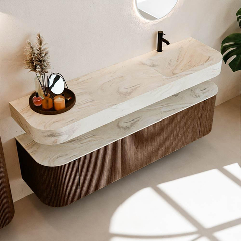 MONDIAZ THOR-DLUX 170cm meuble de salle de bains arrondi gauche + droite couleur Walnut avec 1 tiroir et 2 portes. Vasque suspendue CLOUD Droite 1 trou de robinet couleur Ostra. SW1465598