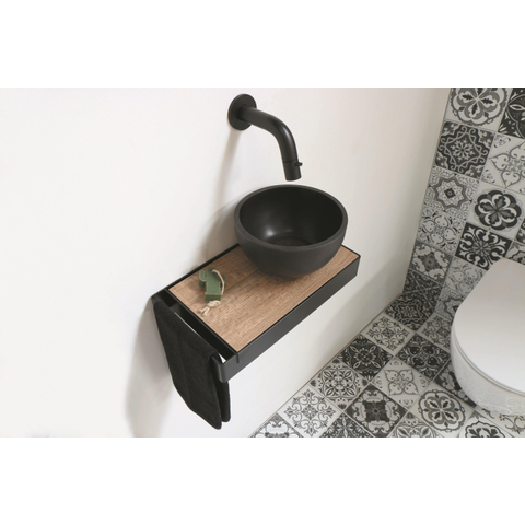 Ink Jazz XS toiletmeubel frame Zwart plateau Naturel Eiken waskom rechts Quartz 20cm zwart SHOWROOMMODEL SHOW26123
