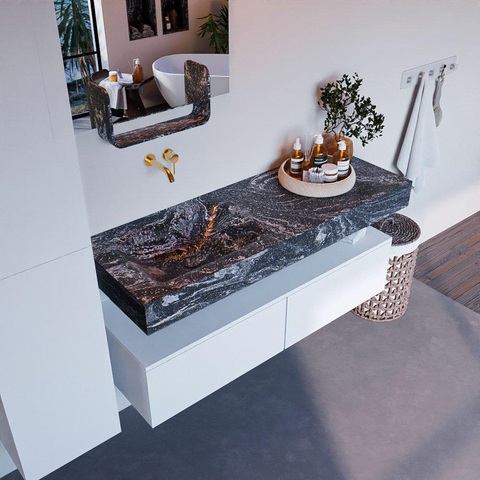 Mondiaz ALAN-DLUX Ensemble de meuble - 130cm - meuble Talc mat - 2 tiroirs - Lavabo Cloud Lava suspendu - vasque Gauche - 0 trous de robinet SW809220