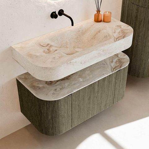 MONDIAZ THOR-DLUX 100cm meuble de salle de bains arrondi gauche + droite couleur Shadow avec 1 tiroir et 2 portes. Vasque suspendue CLOUD Milieu sans trou de robinet couleur Frappe. SW1467441