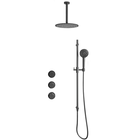 Fortifura Nebbio Ensemble de douche pluie - robinet encastré - élément encastré - barre de douche - flexible de douche en métal - douchette ronde - bras de plafond 20cm - douche de tête 30cm - gunmetal brossé PVD (anthracite) SW1447148