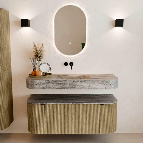 MONDIAZ THOR-DLUX 120cm badmeubel ronding links + rechts kleur Dusk met 1 lade en 2 deuren. Vrijhangende wastafel CLOUD Midden zonder kraangat kleur Oza. SW1463426