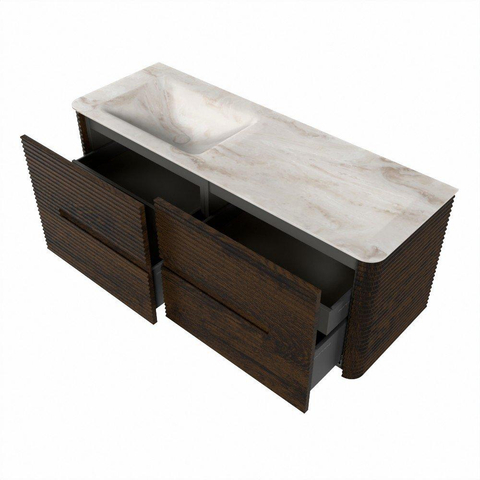 Mondiaz CIRO-DLUX Ensemble de meubles de salle de bains - 130x45x50cm - lavabo solid surface Frappe - 1 vasque à gauche - 1 trou de robinet - 4 tiroirs - Noyer SW1530300