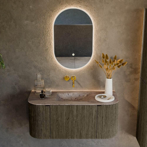 MONDIAZ KURVE-DLUX 100cm badmeubel ronding Links + Rechts kleur Shadow met 1 lade en 2 deuren. Wastafel GRUNNE Midden zonder kraangat Oza. SW1432495