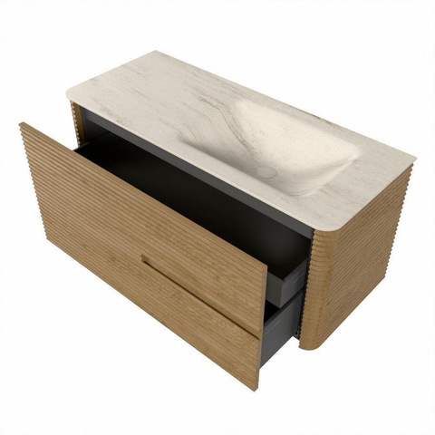 Mondiaz CIRO-DLUX Ensemble de meubles de salle de bains - 110x45x50cm - vasque solid surface Meli - 1 lavabo à droite - sans trous de robinet - 2 tiroirs - Chêne SW1531406