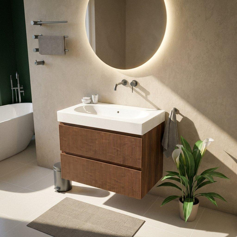 Saniclass Holz Atelier Ensemble de meubles de salle de bains - 100x45x63.5cm - lavabo en céramique Palermo blanc - 1 vasque - sans trou de robinetterie - 2 tiroirs - noyer pure mat (bois) SW1478606