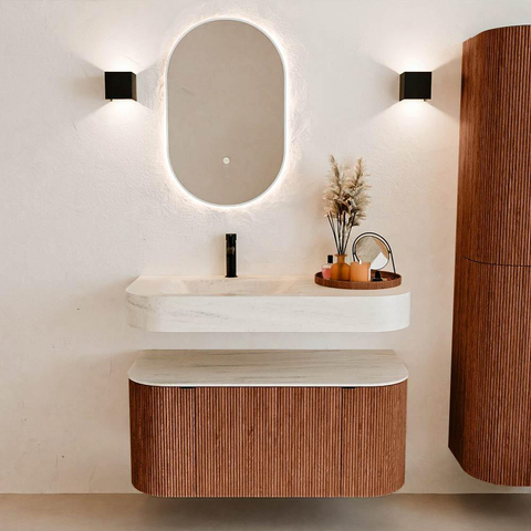 MONDIAZ THOR-DLUX 100cm meuble de salle de bains arrondi gauche + droite couleur Ruby avec 1 tiroir et 2 portes. Vasque suspendue CLOUD gauche 1 trou de robinet couleur Meli. SW1467488