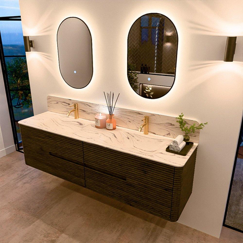 Mondiaz CIRO-DLUX Badkamermeubelset - 180x45x50cm - Solid surface wastafel Nata - 2 wasbak Dubbel - 2 kraangaten - 4 lades - Shadow SW1532602