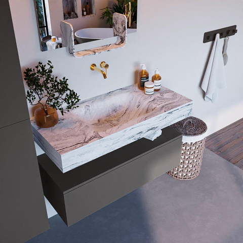 Mondiaz ALAN-DLUX Ensemble de meuble - 100cm - meuble Dark grey mat - 1 tiroir - Lavabo Cloud Glace suspendu - vasque Centre - 0 trous de robinet SW804784
