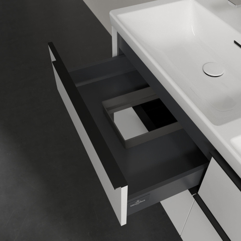 Villeroy & Boch Subway 3.0 wastafelonderkast - 130x55x45cm - met Volcano Black greep - 2 sifonuitsparingen links en rechts - spaanplaat - Pure White (wit) SW701677