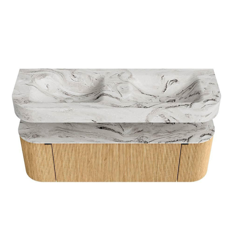 MONDIAZ THOR-DLUX 140cm meuble de salle de bains arrondi gauche + droite couleur Oak avec 1 tiroir et 2 portes. Vasque suspendue CLOUD Double sans trou de robinet couleur Glace. SW1463893