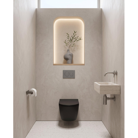 QeramiQ Dely Toiletset - 36.3x51.7cm - Geberit UP720 inbouwreservoir - rimless - diepspoel - 35mm zitting - softclose - bedieningsplaat licht grijs - ronde knoppen - mat zwart SW1427991