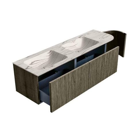 MONDIAZ KURVE-DLUX Meuble de salle de bains 155cm arrondi à droite couleur Shadow avec 2 tiroirs et 1 porte. Lavabo LEAF Double / Gauche sans trou de robinet Nata. SW1432321