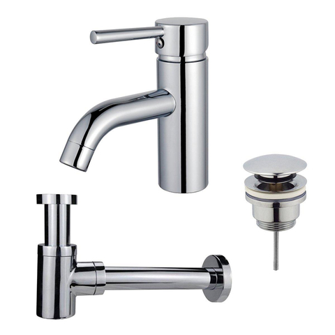 Fortifura Calvi Wastafelkraanset - lage wastafelkraan - klikwaste plug - verlaagde design - sifon - hoogglans chroom SW891954