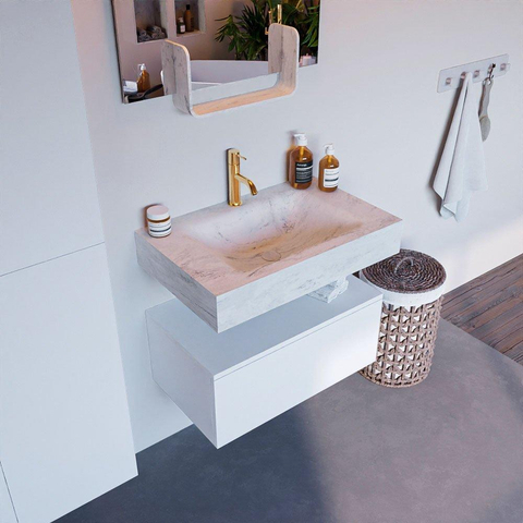 Mondiaz ALAN-DLUX Ensemble de meuble - 70cm - meuble Talc mat - 1 tiroir - Lavabo Cloud Opalo suspendu - vasque Centre - 1 trou de robinet SW806345