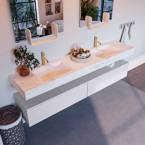 Mondiaz ALAN-DLUX Ensemble de meuble - 200cm - meuble Cale mat - 2 tiroirs - Lavabo Cloud Ostra suspendu - vasque Gauche et droite - 2 trous de robinet SW807330