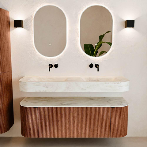 MONDIAZ THOR-DLUX 140cm meuble de salle de bains arrondi gauche + droite couleur Ruby avec 1 tiroir et 2 portes. Vasque suspendue CLOUD Double sans trou de robinet couleur Ostra. SW1464148