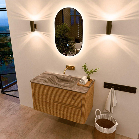Mondiaz CIRO-DLUX Badkamermeubelset - 90x45x50cm - Solid surface wastafel Sombra - 1 wasbak Midden - zonder kraangaten - 2 lades - Oak SW1531330