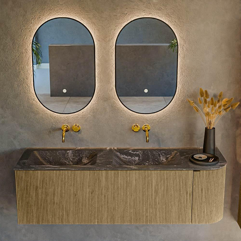 Mondiaz KURVE-DLUX Ensemble de meuble de salle de bains - 145x46x40cm - 1 tiroir - 1 porte - lavabo solid surface - double / gauche - sans trou de robinet - Dusk SW1415544