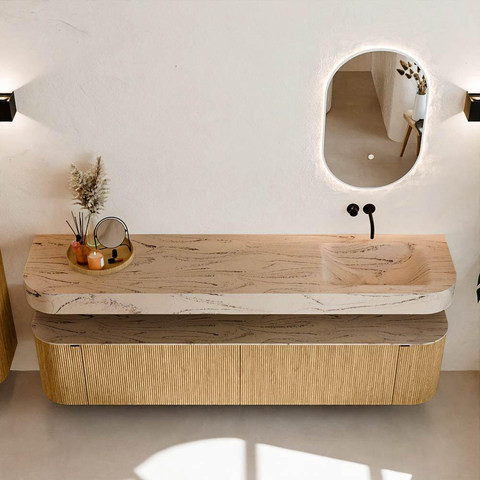 MONDIAZ THOR-DLUX 200cm meuble de salle de bains arrondi gauche + droite couleur Chêne avec 2 tiroirs et 2 portes. Vasque suspendue CLOUD Droite sans trou de robinet couleur Arena. SW1467059