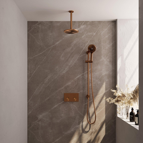BRAUER Copper Carving Thermostatische Regendouche inbouw - drukknoppen - SET 71 - 20cm hoofddouche - plafondarm - 3 standen handdouche - doucheslang - geïntegreerde glijstang - koper geborsteld PVD SW925585