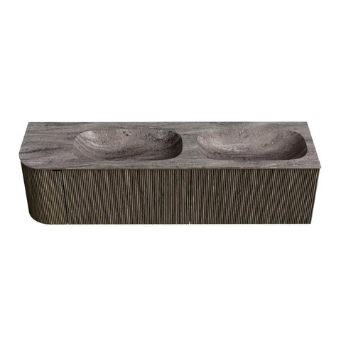 MONDIAZ KURVE-DLUX 165cm badmeubel ronding Links kleur Shadow met 2 lades en 1 deur. Wastafel STOR SMALL Dubbel / Rechts 2 kraangaten Oza. SW1432951