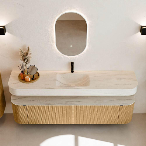 MONDIAZ THOR-DLUX Meuble de salle de bains 190cm arrondi gauche + droite couleur Oak avec 2 tiroirs et 2 portes. Vasque suspendue CLOUD Milieu 1 trou de robinet couleur Meli. SW1466724
