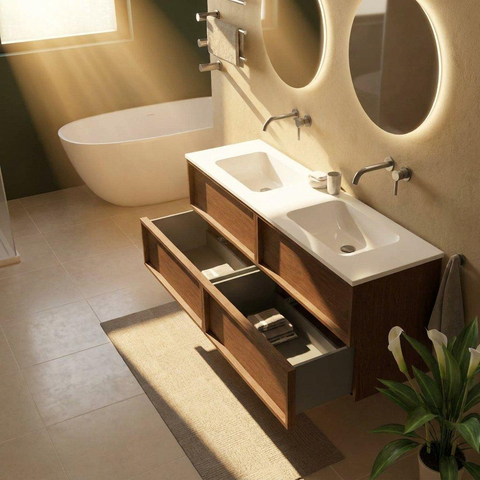 Saniclass Holz Frame Badkamermeubelset - 160x45x77.5cm - Torino solid surface wastafel wit - zonder kraangat - 4 lades - mat walnut pure (hout) SW1579929