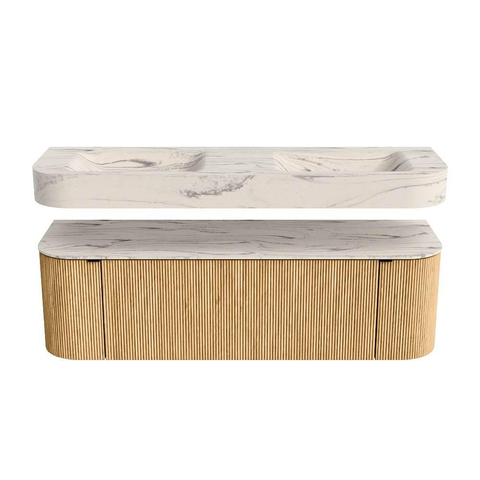 MONDIAZ THOR-DLUX 150cm meuble de salle de bains arrondi gauche + droite couleur Oak avec 1 tiroir et 2 portes. Vasque suspendue CLOUD Double sans trou de robinet couleur Nata. SW1467674
