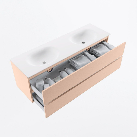 MONDIAZ VICA Ensemble meuble de salle de bains - 150cm - meuble sous-vasque rosee - 2 tiroirs - lavabo moon double - 2 trous de robinet - version haute 60cm - talc SW1080362