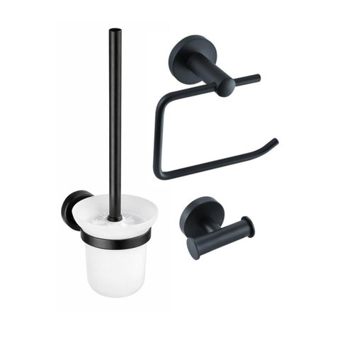 Fortifura Calvi Pack WC 3 pièces - porte-rouleau sans couvercle - brosse de toilette - crochet à serviette double rond - Noir Mat SW1248432