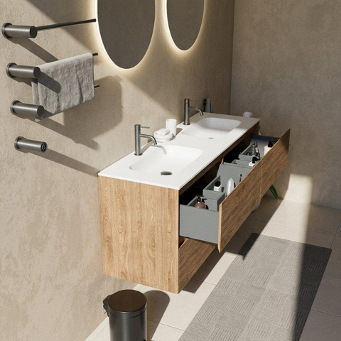 Saniclass Holz Pure Badkamermeubelset - 140x45x61.5cm - Flow solid surface wastafel wit - 2 wasbakken - 2 kraangaten - 4 lades - mat eiken natural (hout) SW1478442