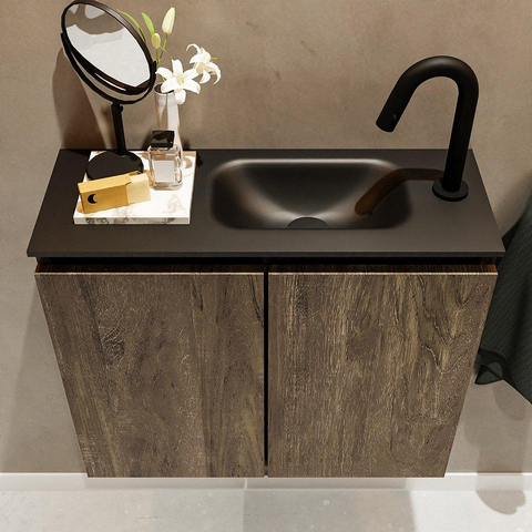MONDIAZ TURE Toiletmeubel 60x23x50cm met 1 kraangaten 2 deuren dark brown mat Wastafel Eden rechts Solid Surface Zwart SW475533