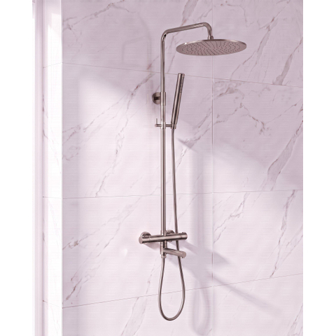 Fortifura Calvi Regendoucheset - thermostatisch - 25cm hoofddouche - gladde slang - staaf handdouche - draaibare baduitloop - Geborsteld Gunmetal PVD SW1592510