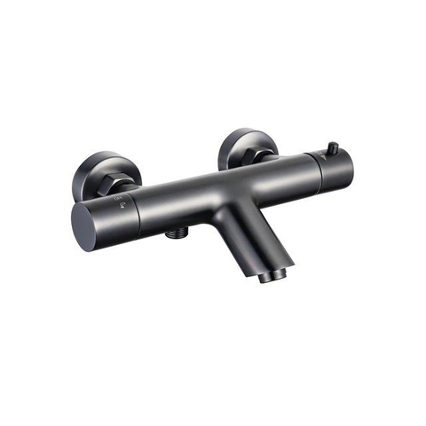 Fortifura Calvi Thermostatische badkraan - met ronde handdouche handdouchehouder en gladde doucheslang - PVD - geborsteld gunmetal (antraciet) SW811976