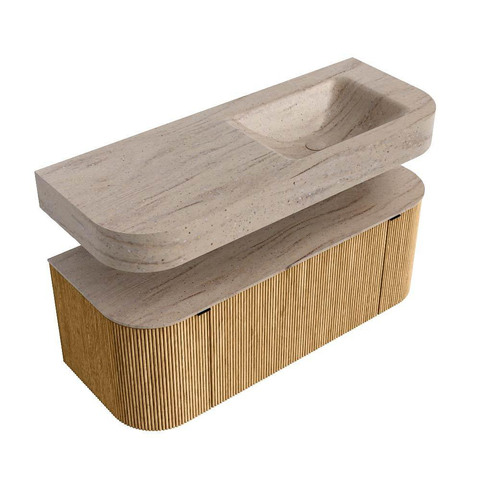 MONDIAZ THOR-DLUX 120cm badmeubel ronding links + rechts kleur Oak met 1 lade en 2 deuren. Vrijhangende wastafel CLOUD Rechts zonder kraangat kleur Saba. SW1463430