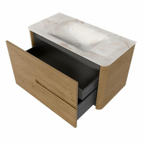 Mondiaz CIRO-DLUX Ensemble de meubles de salle de bains - 90x45x50cm - vasque solid surface Frappe - 1 bassin au milieu - sans trous de robinet - 2 tiroirs - Chêne SW1530799