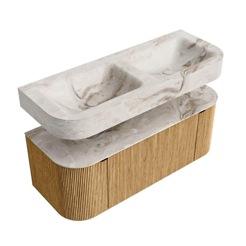 MONDIAZ THOR-DLUX 120cm badmeubel ronding links + rechts kleur Oak met 1 lade en 2 deuren. Vrijhangende wastafel CLOUD Dubbel 2 kraangaten kleur Frappe. SW1463050