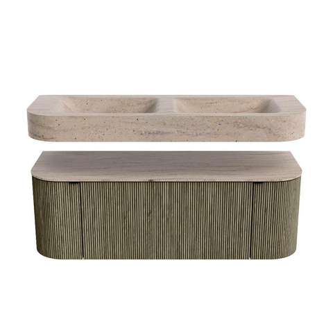 MONDIAZ THOR-DLUX 130cm meuble de salle de bains arrondi gauche + droite couleur Shadow avec 1 tiroir et 2 portes. Vasque suspendue CLOUD Double sans trou de robinet couleur Saba. SW1464149