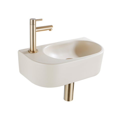 Fugaflow Efficiente Ensemble Fontaine Pietra - 40x21,5x12 cm - gauche - lisse - demi-ronde - 1 trou de robinet - céramique - robinet de fontaine en laiton brossé - bouchon de vidange - siphon abaissé - beige SW1442427