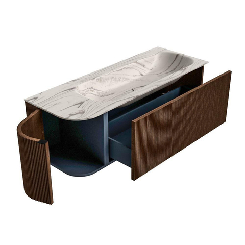 MONDIAZ KURVE-DLUX Meuble de salle de bains 125cm arrondi à gauche couleur Walnut avec 1 tiroir et 1 porte. Lavabo BIG MEDIUM à droite sans trou de robinet Nata. SW1432199